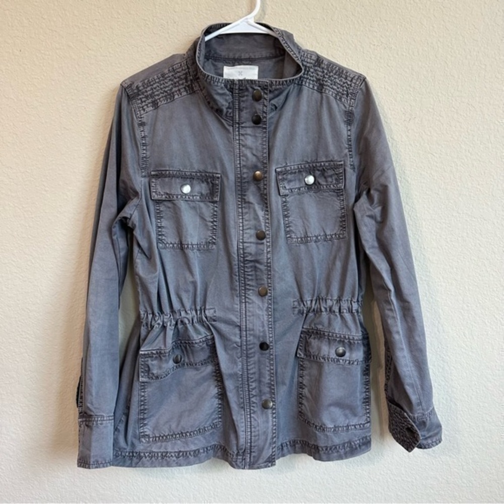 Caslon Jacket Gray Snaps Zipper Front Pockets Long Sleeve Utility Moto Trendy